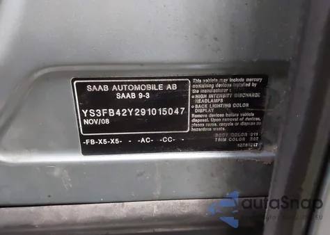 2009 Saab 9-3 2.0T z USA, uszkodzony, nr VIN YS3FB42Y291015047